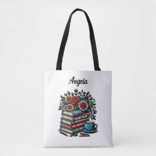 Personalised Vintage Books, Coffee and Flowers Tote Bag