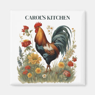 Personalised Vintage Botanical Farmhouse Rooster  Magnet