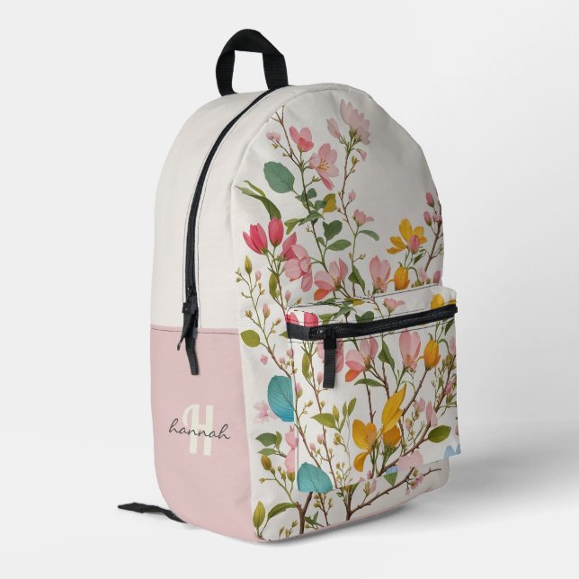 Personalised Vintage Botanical Monogram Printed Backpack (Back Corner Left)