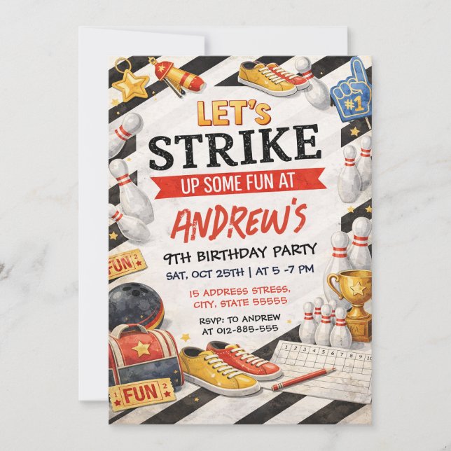 Personalised vintage Bowling Birthday Party Invitation (Front)