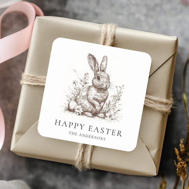 Personalised Vintage Bunny Easter Square Sticker (Creator Uploaded)