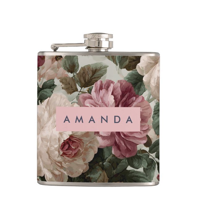 Personalised Vintage Burgundy and Garden Roses Hip Flask (Front)