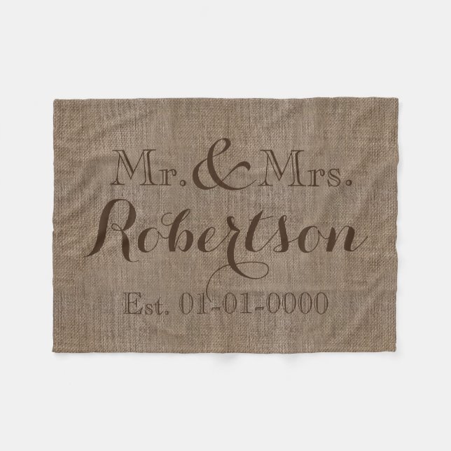 Personalised Vintage Burlap-Look Rustic/Wedding Fleece Blanket (Front (Horizontal))