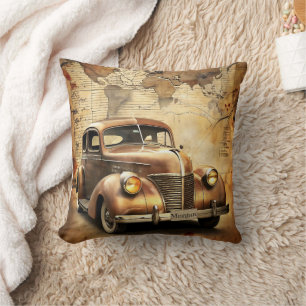 Personalised Vintage Car   Antique World Map Cushion