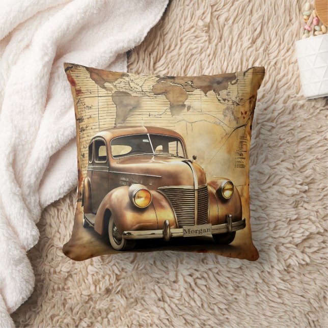 Personalised Vintage Car | Antique World Map Cushion (Blanket)