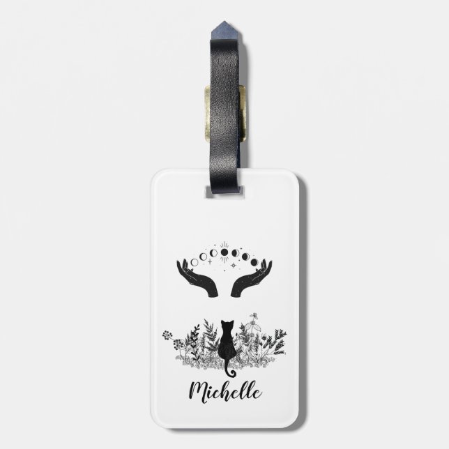 Personalised Vintage Celestial Moon Phases Cat Luggage Tag (Back Vertical)