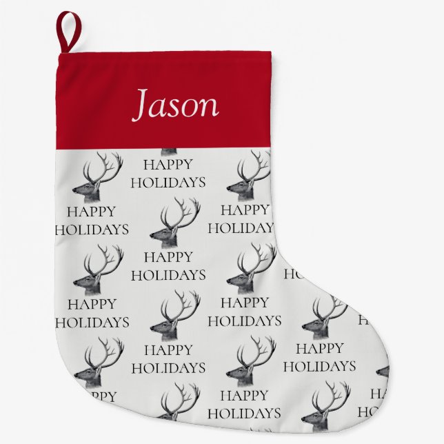 Personalised Vintage Christmas Deer Head Large Christmas Stocking (Front)