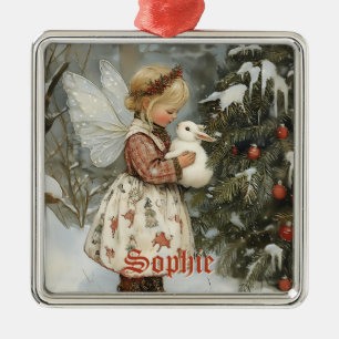 Personalised Vintage Christmas Fairy with Bunny  Metal Tree Decoration