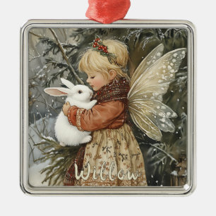 Personalised Vintage Christmas Fairy with Bunny Metal Tree Decoration