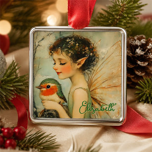 Personalised Vintage Christmas Fairy with Robin Metal Tree Decoration
