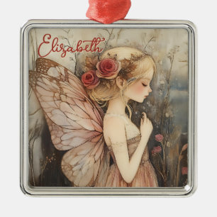 Personalised Vintage Christmas Fairy with Roses   Metal Tree Decoration