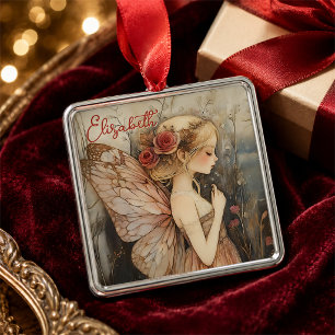 Personalised Vintage Christmas Fairy with Roses Metal Tree Decoration