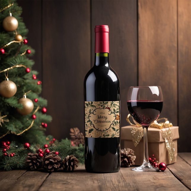 Personalised Vintage Christmas Wine Label (Personalised Christmas Wine Lable on a wooden stuface with a Christmas tree in the background)