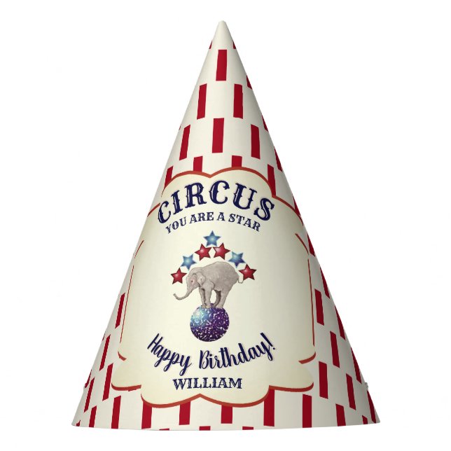 Personalised Vintage Circus Elephant Birthday Party Hat (Front)