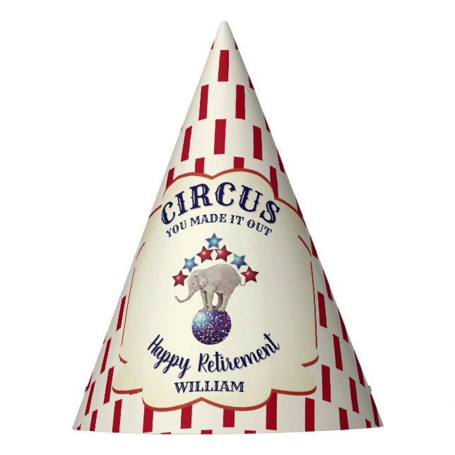 Personalised Vintage Circus Elephant Retirement Party Hat (Front)