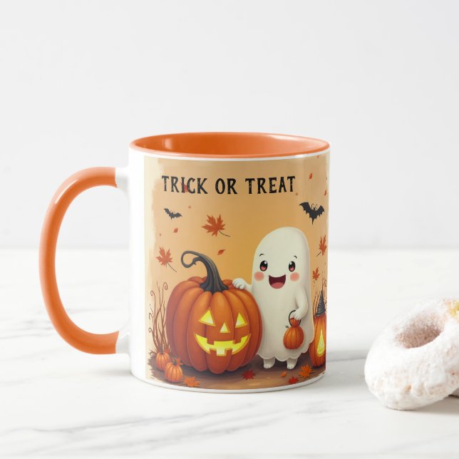 Personalised Vintage Cute Ghost & Pumpkin Hallowee Mug (With Donut)