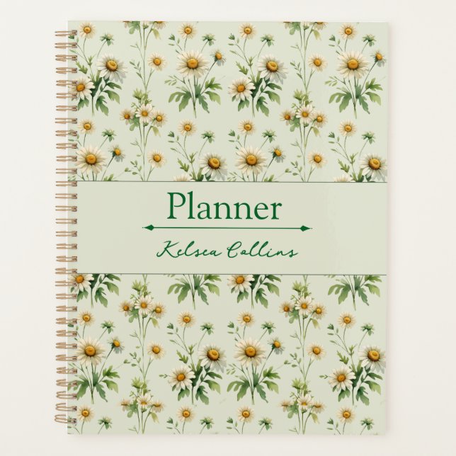 Personalised Vintage Daisy Sage Green Planner (Front)