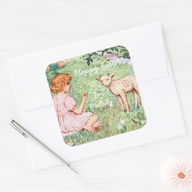 Personalised Vintage Easter Little Lamb Square Sticker (Envelope)