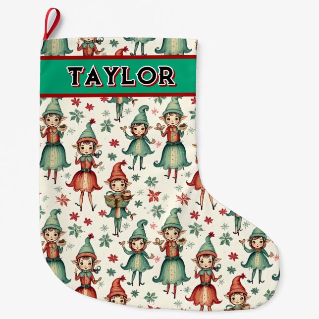 Personalised Vintage Elves Christmas Large Christmas Stocking (Front)