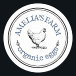 Personalised Vintage Farmhouse Chicken Egg Classic Round Sticker<br><div class="desc">Personalised Vintage Farmhouse Chicken Egg Classic navy blue Round Sticker</div>