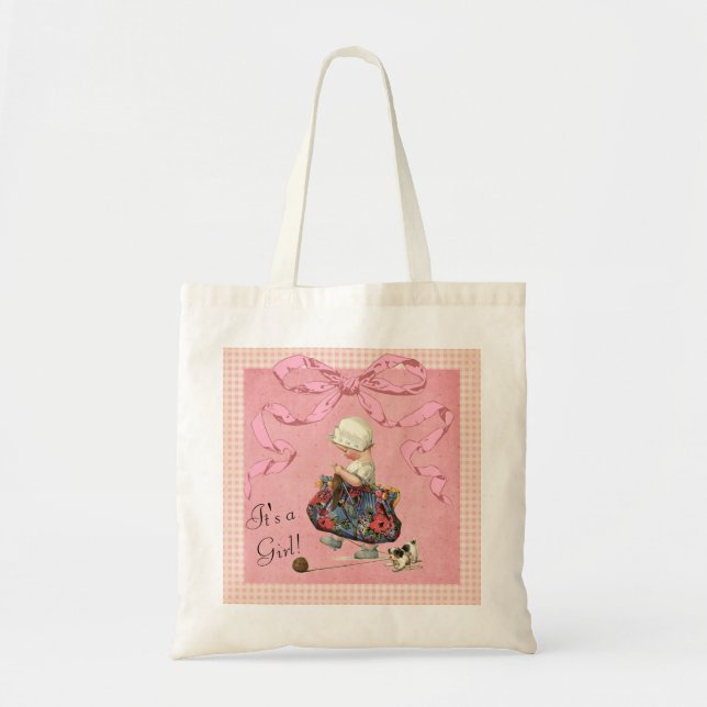 Personalised Vintage Fashion Girl Baby Shower Tote Bag (Front)