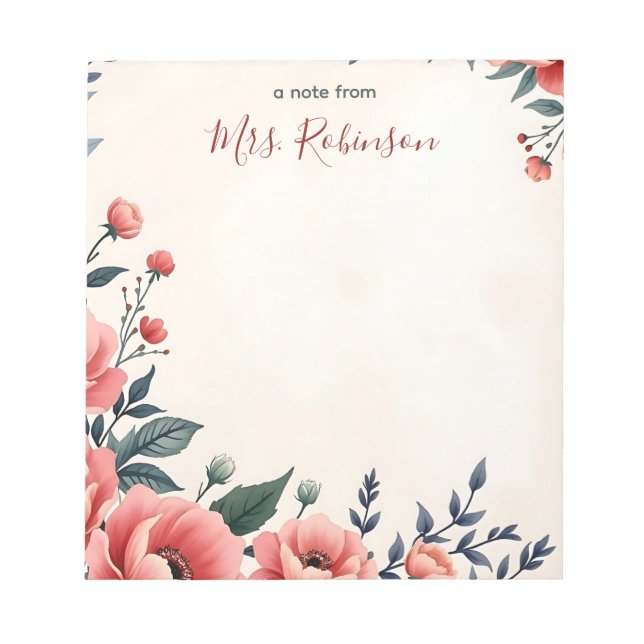 Personalised Vintage Floral Accent Teacher  Notepad (Front)