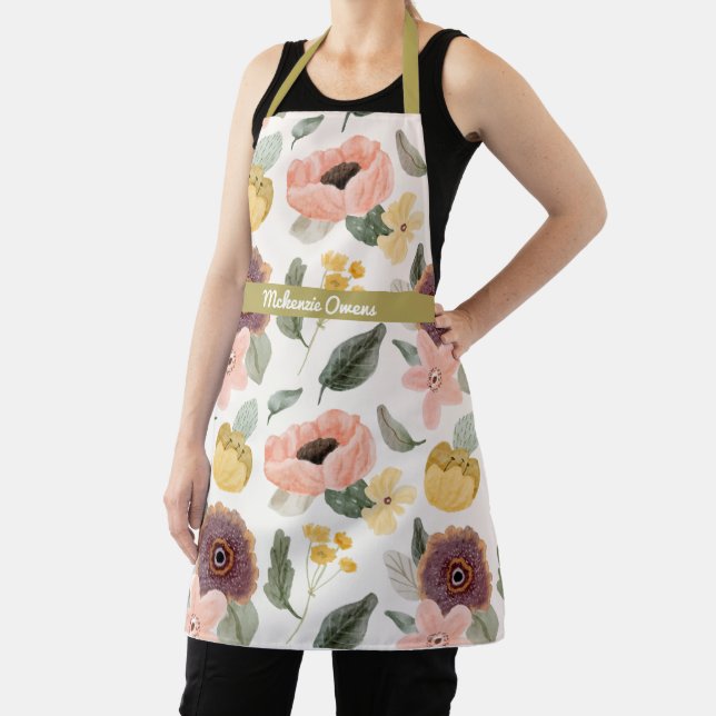 Personalised Vintage Floral Blooms Purple & Yellow Apron (Insitu)