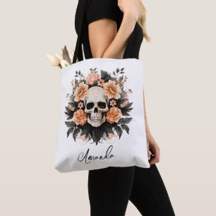 Personalised Vintage Floral Halloween Skull Tote Bag