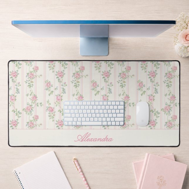 Personalised Vintage Floral Monogram Desk Mat (elegant grandmillennial coquette pink rose floral desk mat with custom monogram name in script)