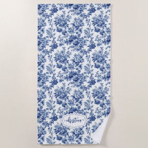Personalised Vintage Floral Navy Blue White Toile  Beach Towel