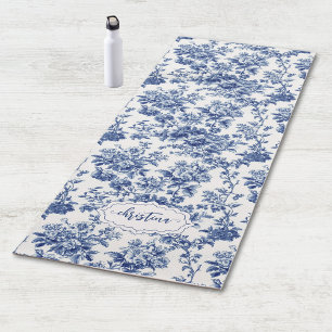 Personalised Vintage Floral Navy Blue White Toile Yoga Mat