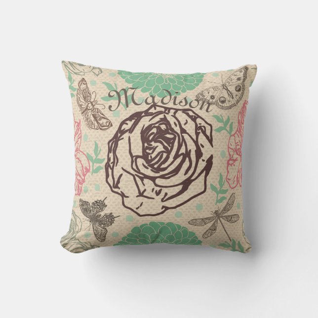 Personalised Vintage Floral Rose Garden Cushion (Front)