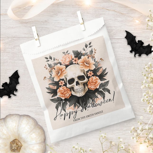 Personalised Vintage Floral Skull Halloween Favour Bags (Easily personalize these Halloween favor bags with just a few clicks.)