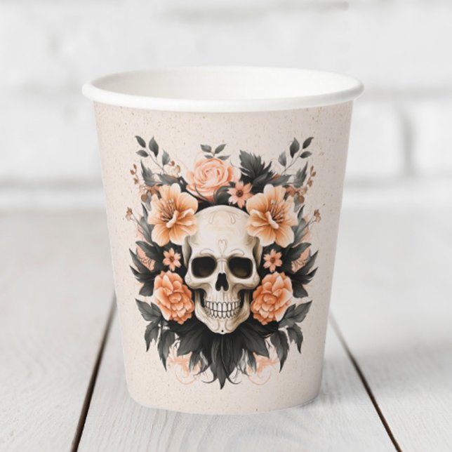 Personalised Vintage Floral Skull Paper Cups (Add a little elegance to your Halloween party with these spooky skull paper cups.)