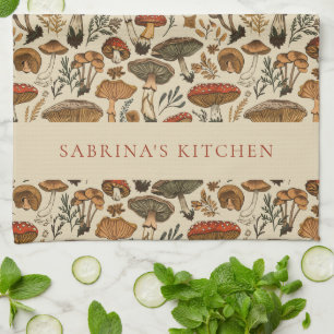 Personalised Vintage Forest Mushroom Pattern Tea Towel