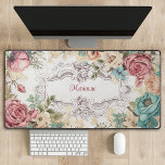 Personalised Vintage French Floral  Desk Mat<br><div class="desc">Elegant,  girly and feminine design featuring delicate French Rococo style etched floral label surrounded by vintage pink,  cream and teal roses on an eggshell background with subtle faux watercolor paper texture. Includes editable text field for your personalised name,  monogram or text.</div>