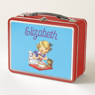 Personalised vintage girl baking a cake metal lunch box