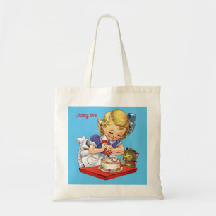 Personalised vintage girl baking a cake tote bag