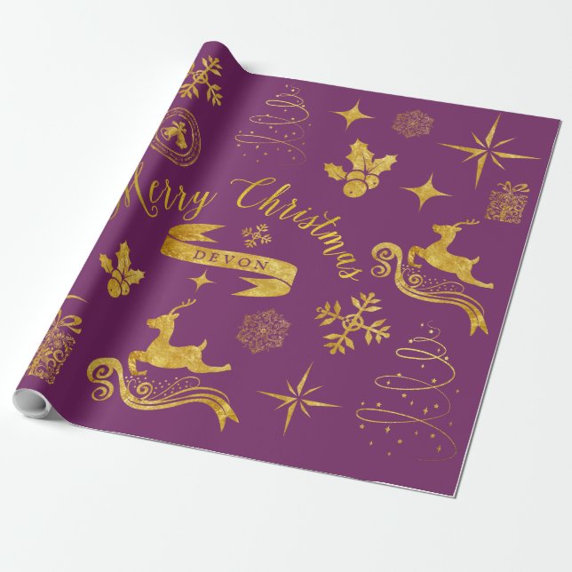 Personalised Vintage Gold & Purple Christmas Wrap Wrapping Paper (Unrolled)