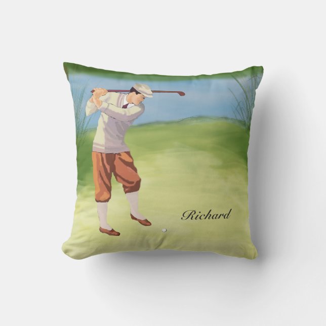 Personalised Vintage Golfer by the Riverbank Cushion (Front)