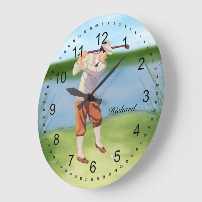 Personalised Vintage Golfer by the Riverbank Large Clock (Angle)