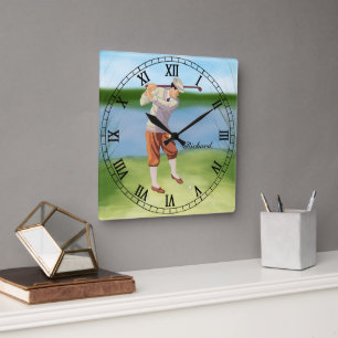 Personalised Vintage Golfer by the Riverbank Square Wall Clock