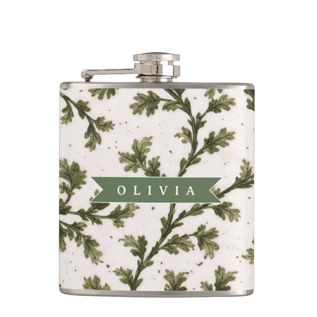 Personalised Vintage Green Garden Botanical Rustic Hip Flask (Front)