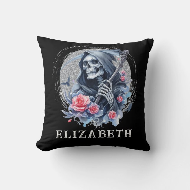 Personalised Vintage Grim Reaper Floral Glitter Cushion (Front)