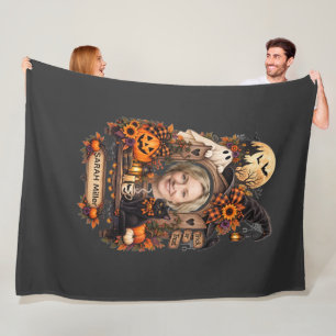 Personalised Vintage Halloween Photo Name Black Ca Fleece Blanket