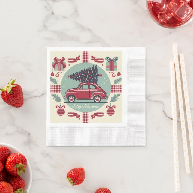Personalised Vintage Holiday Retro Christmas Car Napkin (Insitu)