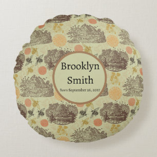 Personalised Vintage Honey Bumblebee Sage Round Cushion