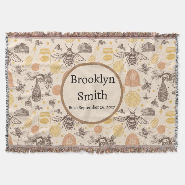 Personalised Vintage Honey Bumblebee Throw Blanket (Front)