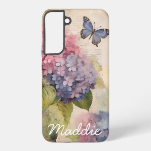 Personalised Vintage Hydrangea and Butterfly Blue Samsung Galaxy Case