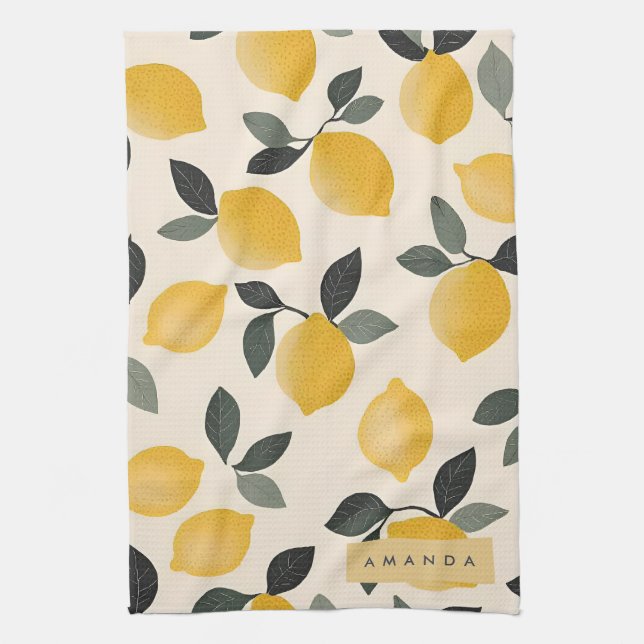 Personalised Vintage Lemons with Green Leaves Tea Towel (Vertical)
